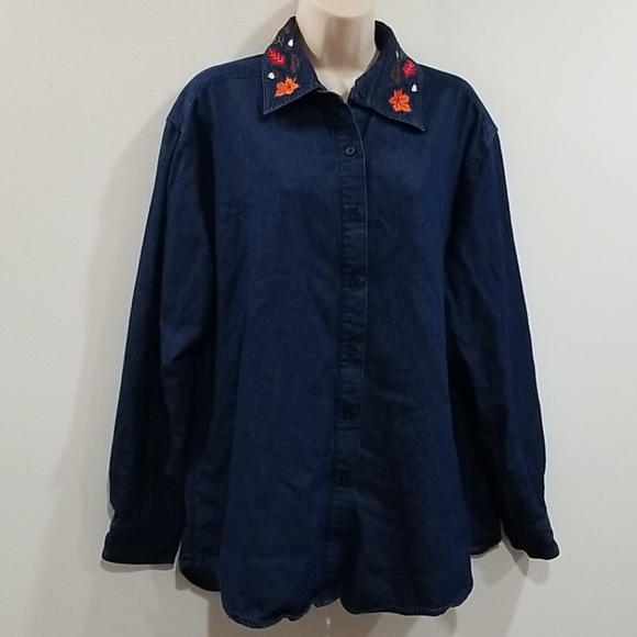 Style studio blue denim embroidered collar shirt - Picture 3 of 13
